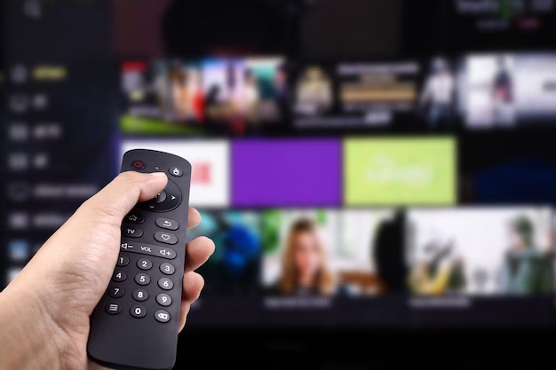 Hand holding a remote control on the background of tv