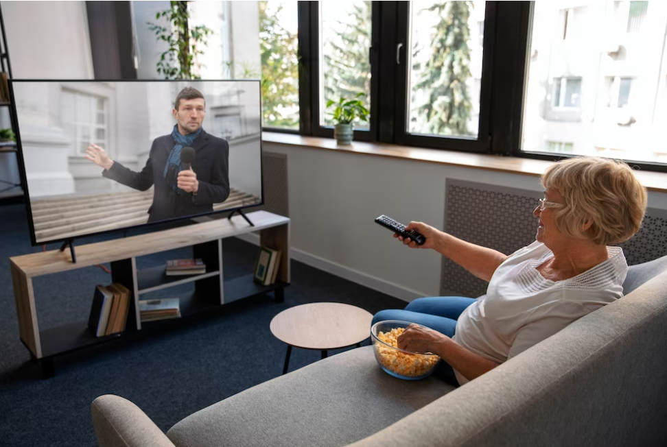 woman sitting on the couch with remote control for TV in her hand and watching news
