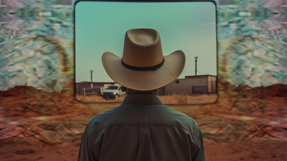 a man in a cowboy hat watches a TV screen