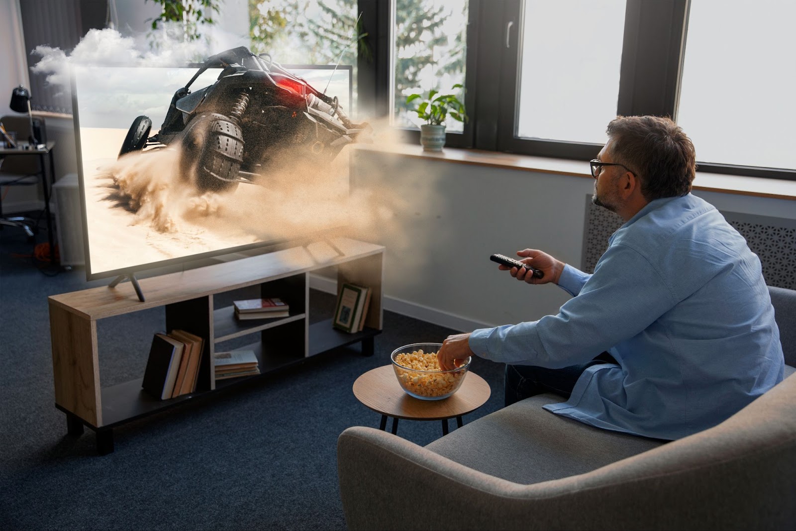 a man in glasses eating popcorn and sitting in fron of a 3D TV screen