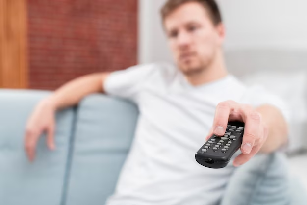 A man has his hand on the remote control