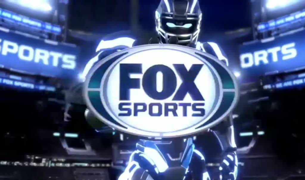 A futuristic robot mascot presenting the Fox Sports logo